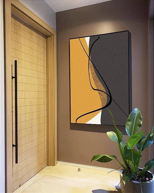 Quadro Vertical Abstrato Minimalista Amarelo Cinza Contornos Canvas Moldura