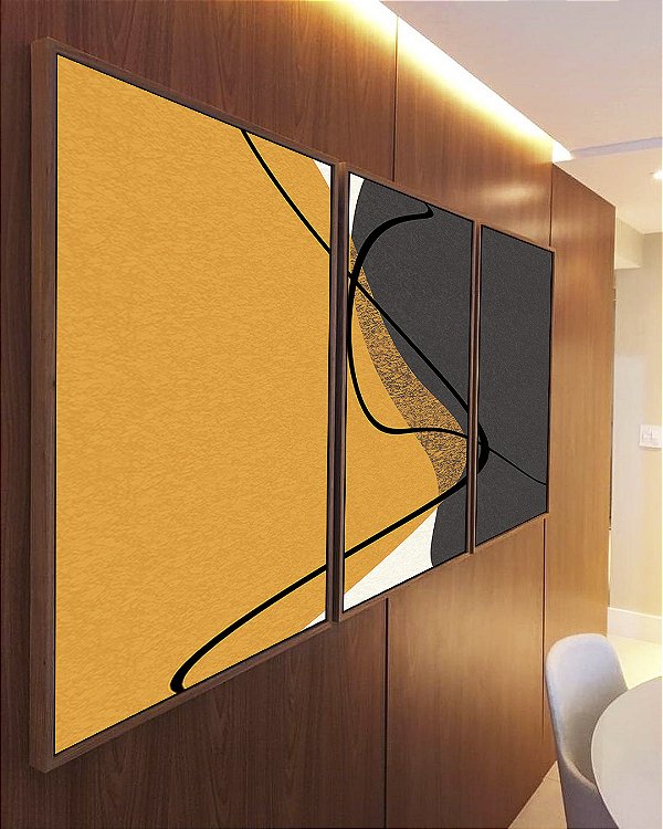 Trio de Quadros Abstrato Minimalista Amarelo Cinza Contornos Canvas Moldura