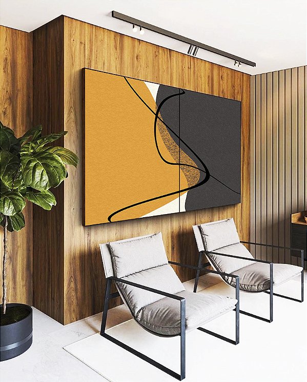 Duo de Quadros Abstrato Minimalista Amarelo Cinza Contornos Canvas Moldura