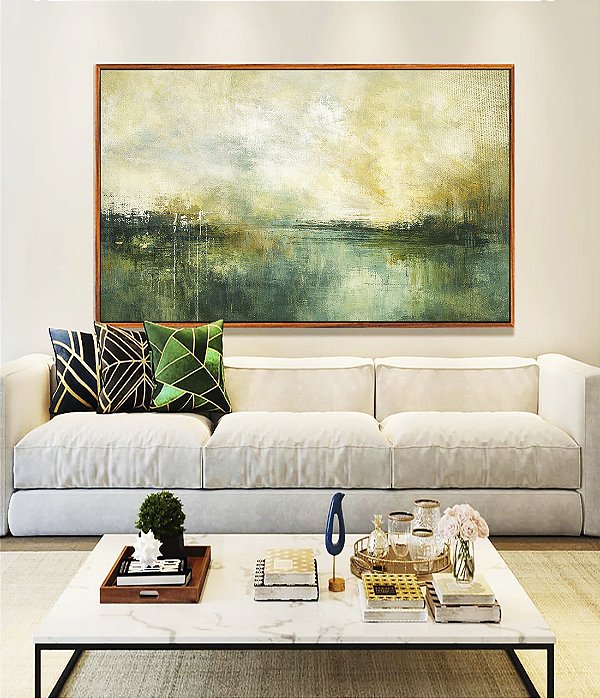 Quadro Horizontal Paisagem Abstrata Verde Dourado Luz Canvas Moldura