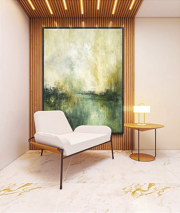 Quadro Vertical Paisagem Abstrata Verde Dourado Luz Canvas Moldura