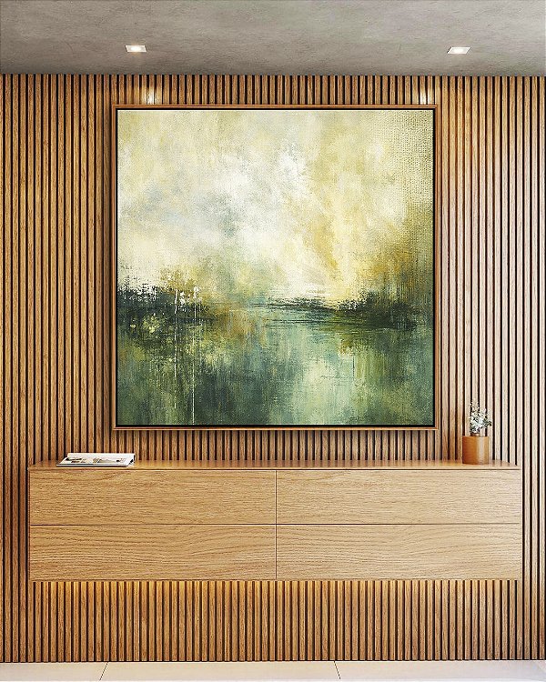 Quadro Quadrado Paisagem Abstrata Verde Dourado Luz Canvas Moldura