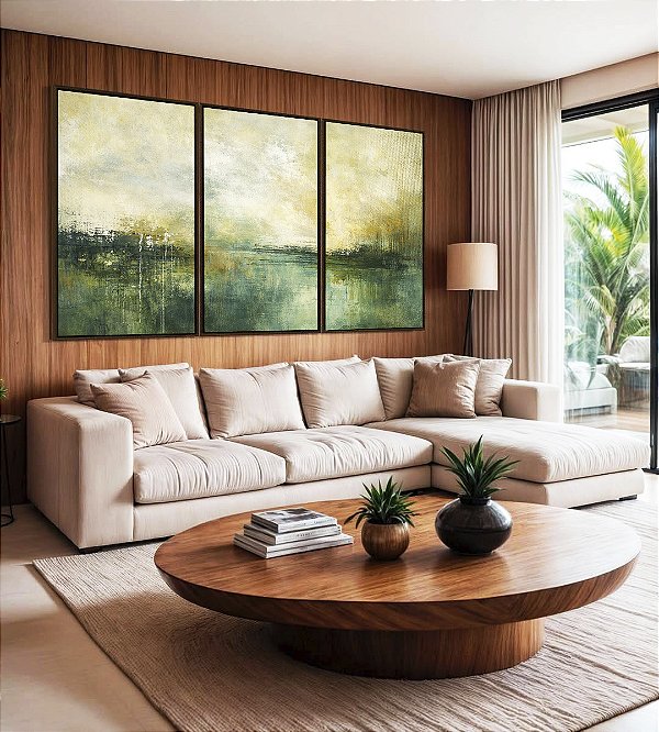 Trio de Quadros Paisagem Abstrata Verde Dourado Luz Canvas Moldura