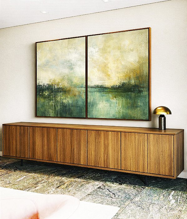 Duo de Quadros Paisagem Abstrata Verde Dourado Luz Canvas Moldura
