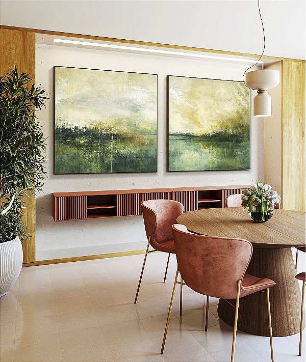Duo de Quadros Quadrados Paisagem Abstrata Verde Dourado Luz Canvas Moldura