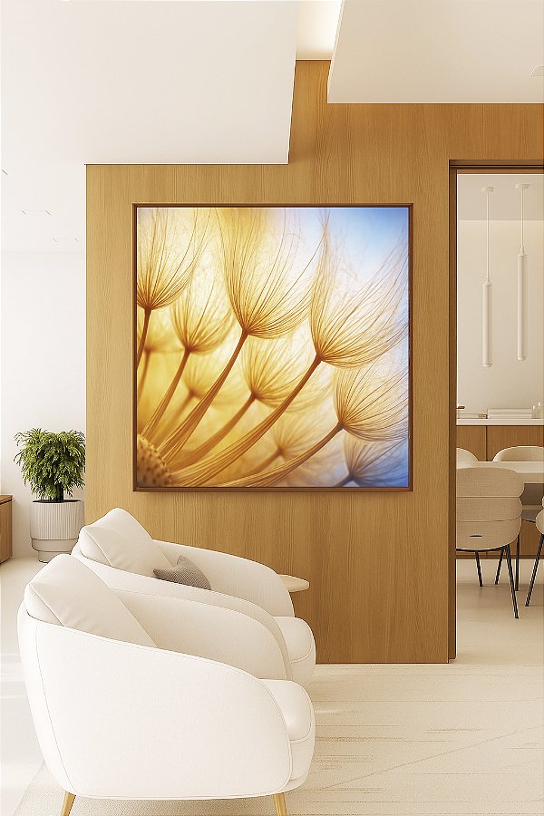 Quadro Quadrado Planta Dente-de-leão Azul Luzes Flor Canvas Moldura