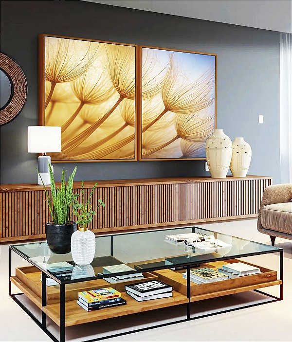 Duo de Quadros Planta Dente-de-leão Azul Luzes Flor Canvas Moldura