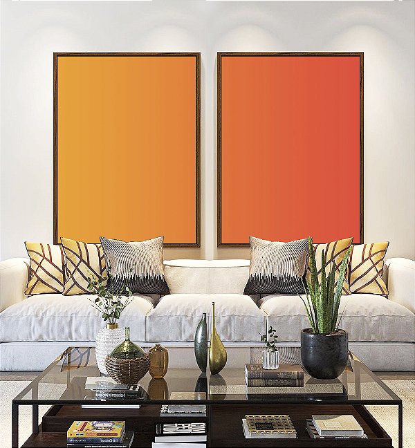 Duo de Quadros Abstrato Degradê Coral Laranja Tangerina Canvas Moldura