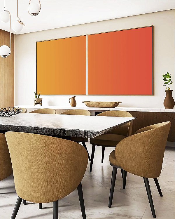 Duo de Quadros Quadrados Abstrato Degradê Coral Laranja Tangerina Canvas Moldura