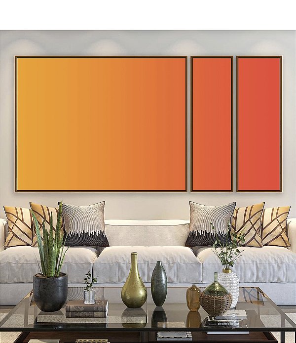 Trio de Quadros Estilizados Abstrato Degradê Coral Laranja Tangerina Canvas Moldura