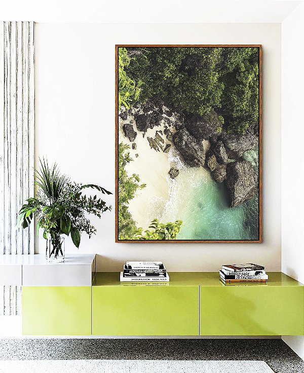 Quadro Vertical Mar Turquesa em Praia Pedras Floresta Natureza Paisagem Canvas Moldura