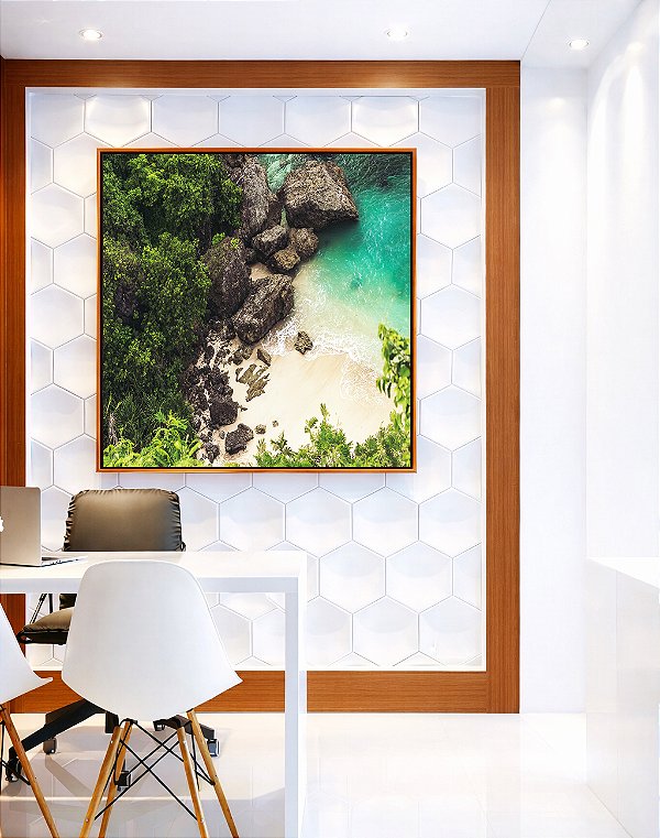 Quadro Quadrado Mar Turquesa em Praia Pedras Floresta Natureza Paisagem Canvas Moldura