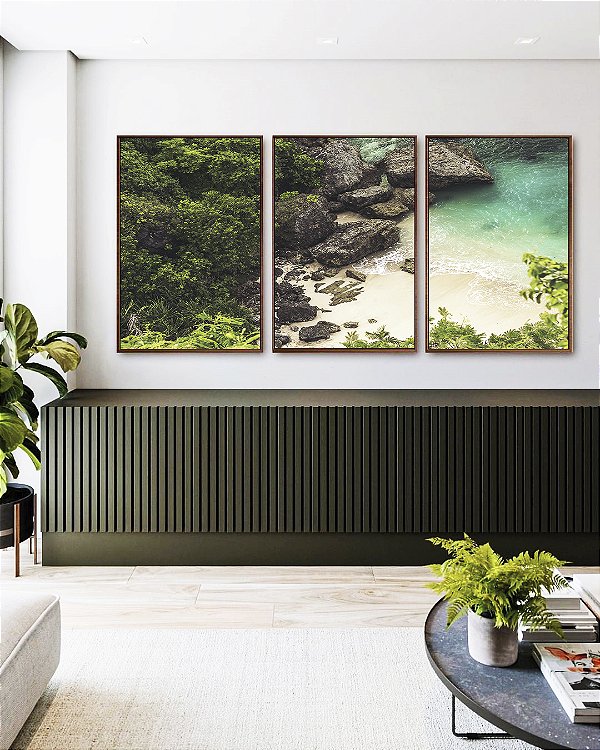 Trio de Quadros Mar Turquesa em Praia Pedras Floresta Natureza Paisagem Canvas Moldura