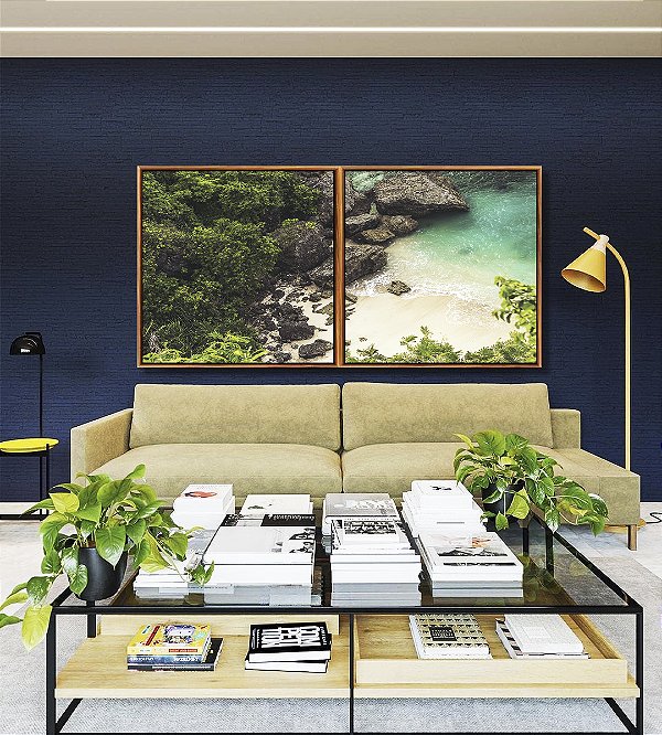 Duo de Quadros Quadrados Mar Turquesa em Praia Pedras Floresta Natureza Paisagem Canvas Moldura
