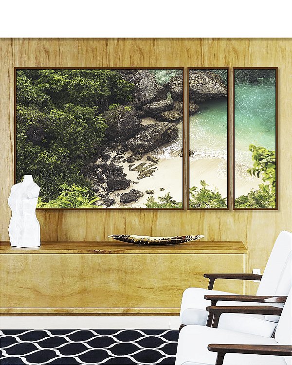 Trio de Quadros Estilizados Mar Turquesa em Praia Pedras Floresta Natureza Paisagem Canvas Moldura