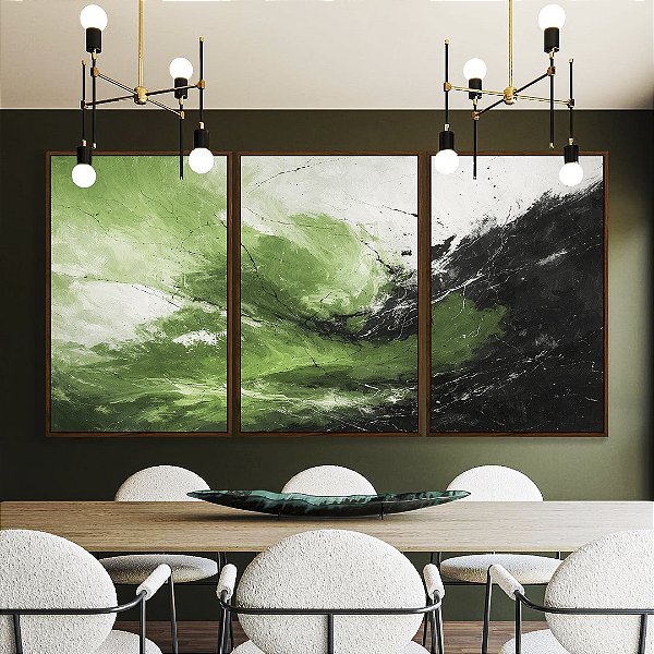 Trio de Quadros Abstrato Verde Preto Branco Efeito Pintura Canvas Moldura