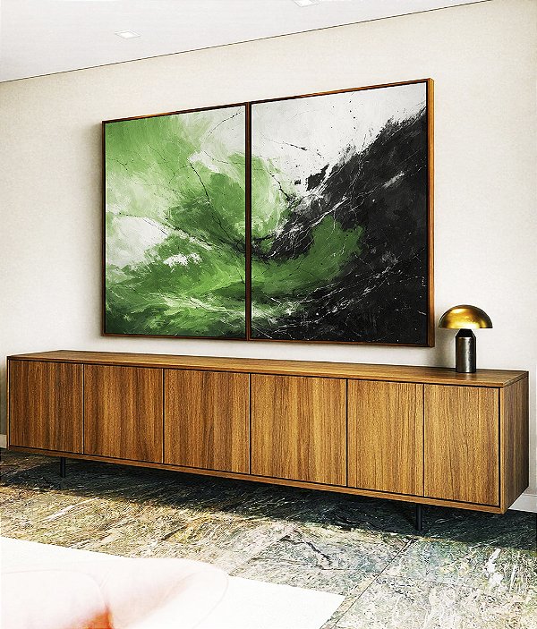 Duo de Quadros Abstrato Verde Preto Branco Efeito Pintura Canvas Moldura
