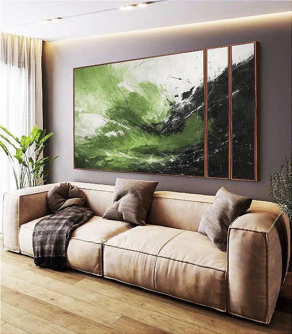Trio de Quadros Estilizados Abstrato Verde Preto Branco Efeito Pintura Canvas Moldura