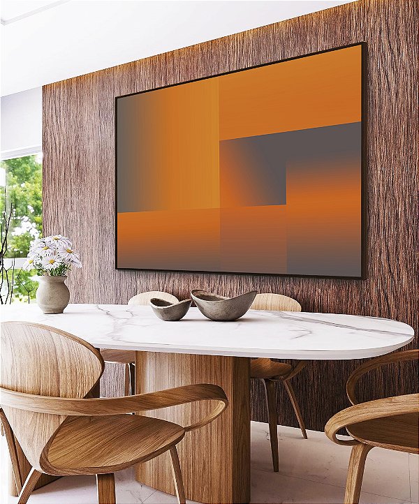 Quadro Horizontal Abstrato Degradê Geométrico Cinza Laranja Canvas Moldura