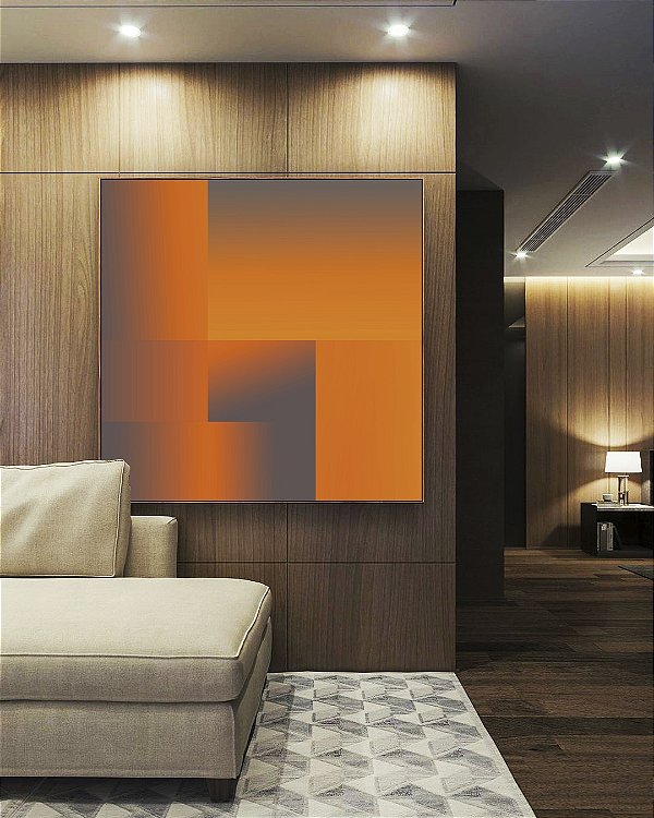Quadro Quadrado Abstrato Degradê Geométrico Cinza Laranja Canvas Moldura