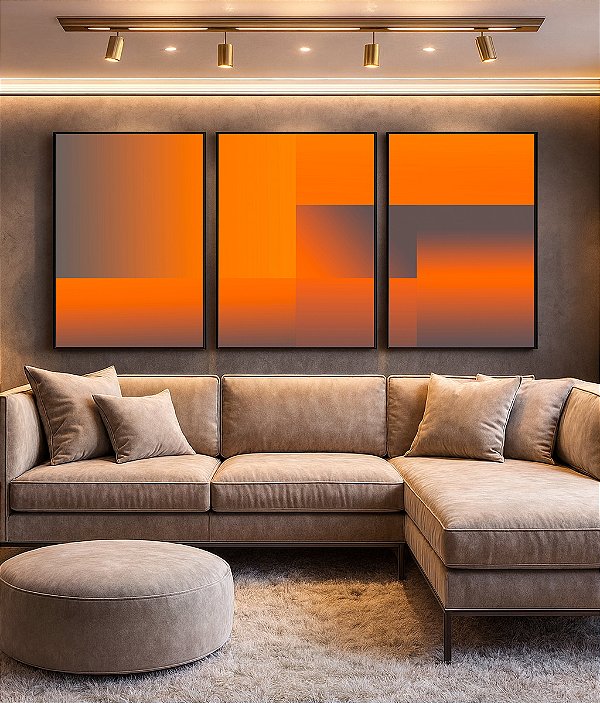 Trio de Quadros Abstrato Degradê Geométrico Cinza Laranja Canvas Moldura