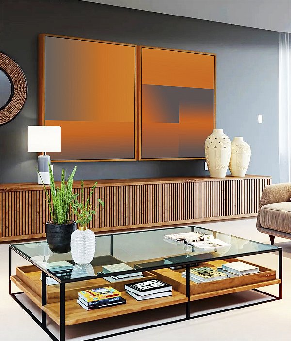 Duo de Quadros Abstrato Degradê Geométrico Cinza Laranja Canvas Moldura
