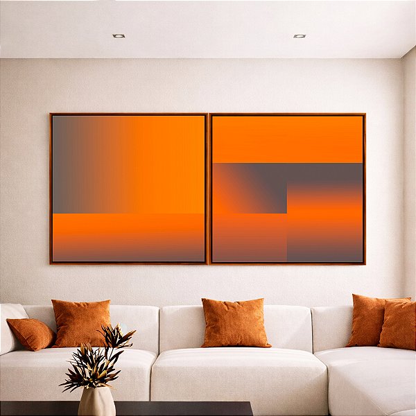 Duo de Quadros Quadrados Abstrato Degradê Geométrico Cinza Laranja Canvas Moldura