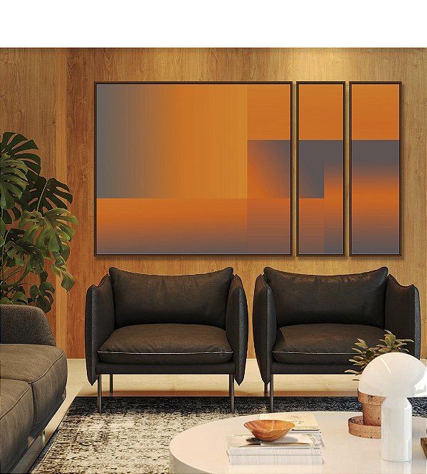 Trio de Quadros Estilizados Abstrato Degradê Geométrico Cinza Laranja Canvas Moldura