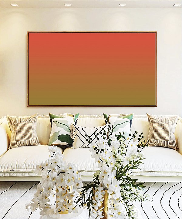 Quadro Horizontal Abstrato Degrade Laranja Verde Oliva Canvas Moldura