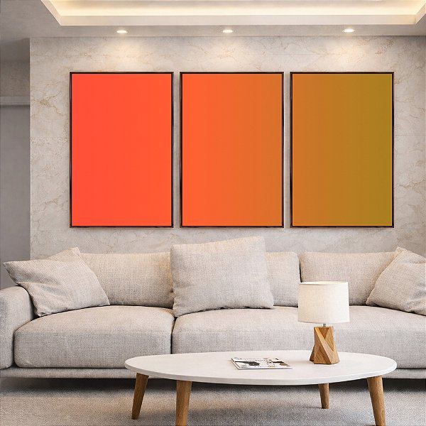 Trio de Quadros Abstrato Degrade Laranja Verde Oliva Canvas Moldura