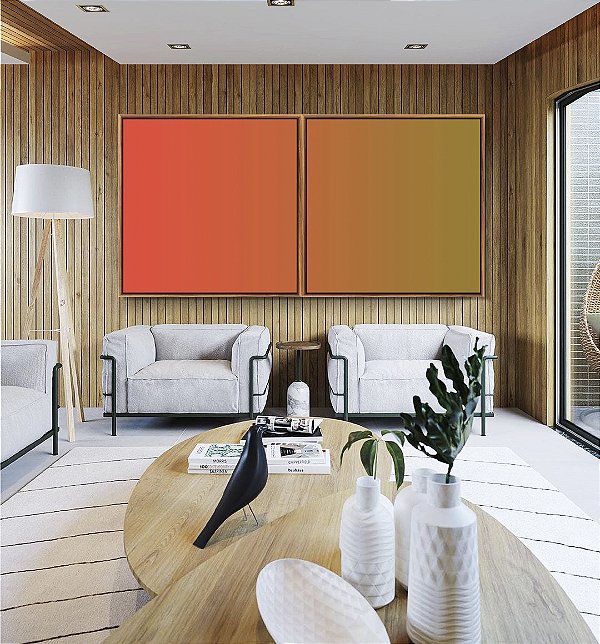 Duo de Quadros Quadrados Abstrato Degrade Laranja Verde Oliva Canvas Moldura