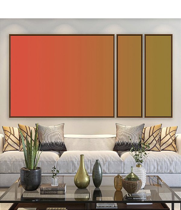 Trio de Quadros Estilizados Abstrato Degrade Laranja Verde Oliva Canvas Moldura