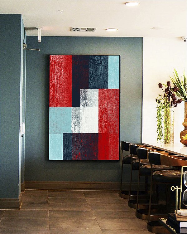 Quadro Vertical Abstrato Mosaico Textura Azul Vermelho Branco Canvas Moldura