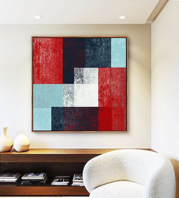 Quadro Quadrado Abstrato Mosaico Textura Azul Vermelho Branco Canvas Moldura