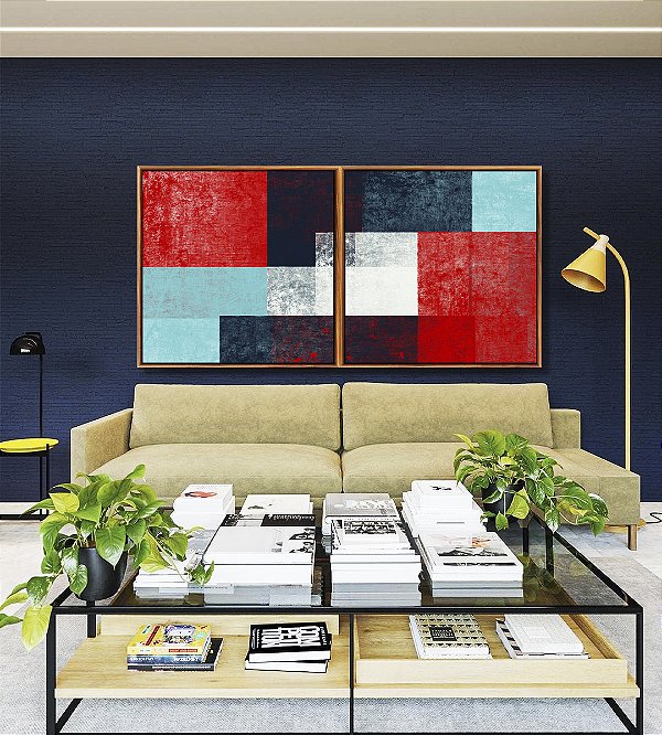 Duo de Quadros Quadrados Abstrato Mosaico Textura Azul Vermelho Branco Canvas Moldura