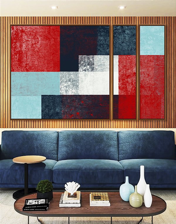 Trio de Quadros Estilizados Abstrato Mosaico Textura Azul Vermelho Branco Canvas Moldura