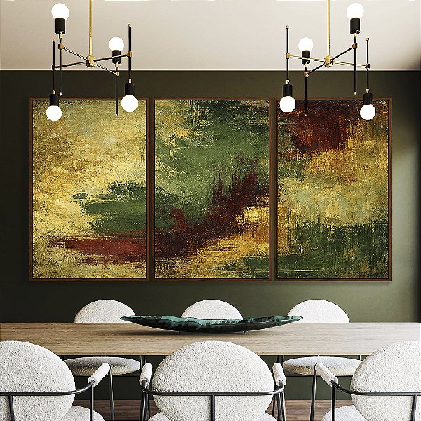 Trio de Quadros Abstrato Amarelo Ouro Verde Vermelho Bordô Canvas Moldura