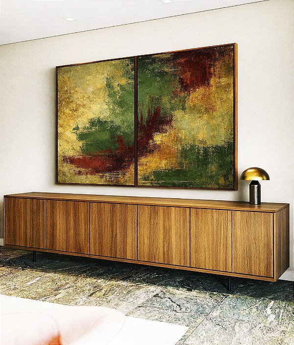 Duo de Quadros Abstrato Amarelo Ouro Verde Vermelho Bordô Canvas Moldura