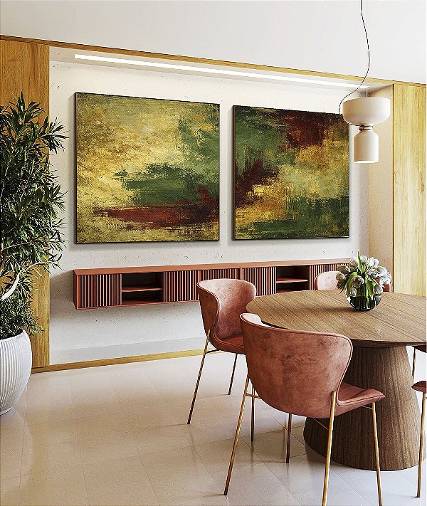 Duo de Quadros Quadrados Abstrato Amarelo Ouro Verde Vermelho Bordô Canvas Moldura