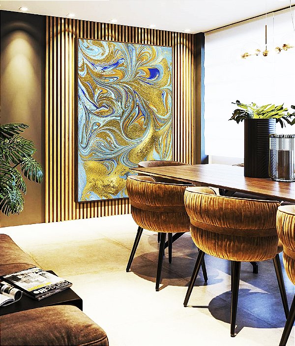 Quadro Vertical Abstrato Azul Turquesa Dourado Pouring Canvas Moldura