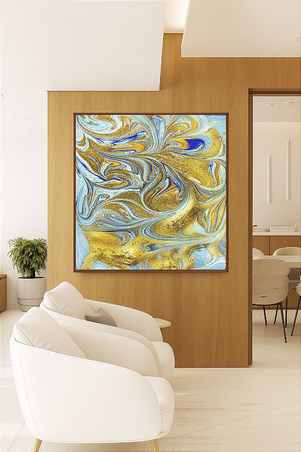 Quadro Quadrado Abstrato Azul Turquesa Dourado Pouring Canvas Moldura