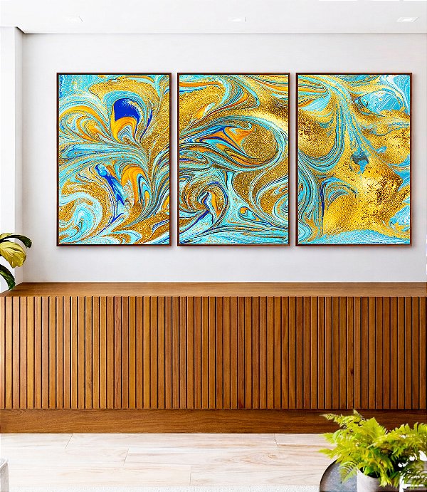Trio de Quadros Abstrato Azul Turquesa Dourado Pouring Canvas Moldura