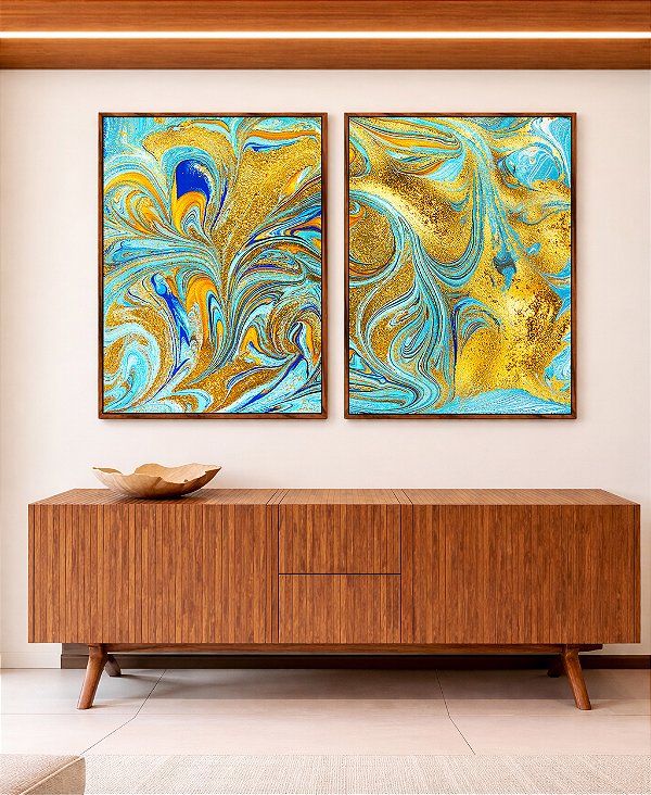 Duo de Quadros Abstrato Azul Turquesa Dourado Pouring Canvas Moldura