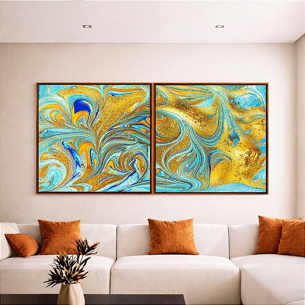 Duo de Quadros Quadrados Abstrato Azul Turquesa Dourado Pouring Canvas Moldura