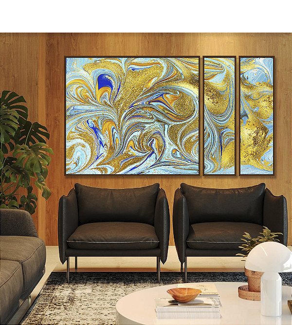 Trio de Quadros Estilizados Abstrato Azul Turquesa Dourado Pouring Canvas Moldura