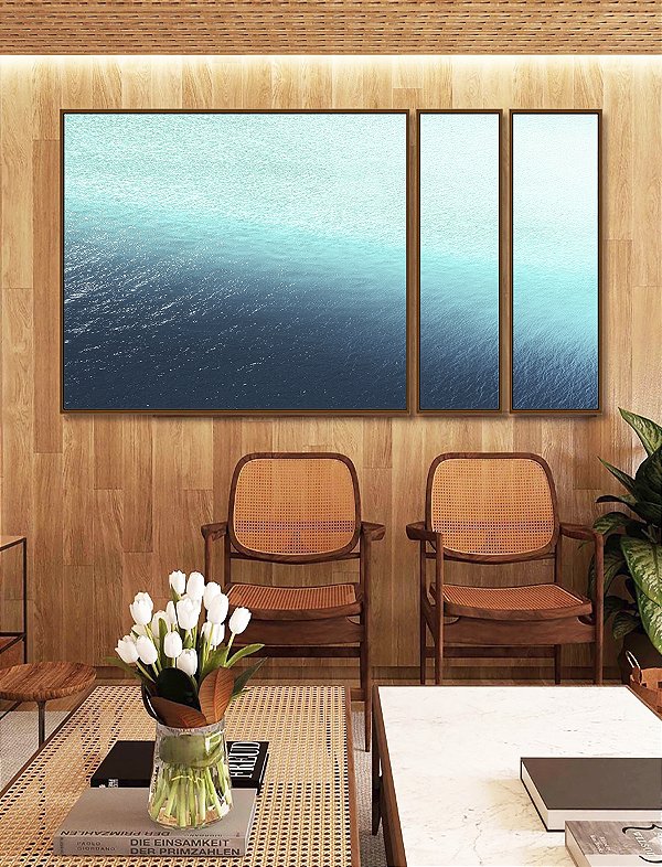 Trio de Quadros Estilizados Mar Azul Turquesa Cristalino Natureza Canvas Moldura