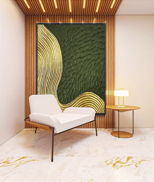 Quadro Vertical Abstrato Verde Floresta Dourado Ondas Textura Canvas Moldura