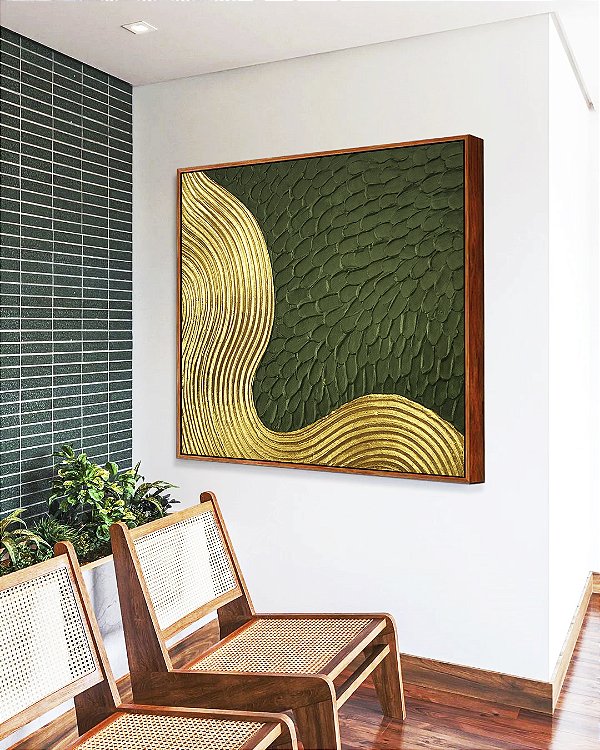 Quadro Quadrado Abstrato Verde Floresta Dourado Ondas Textura Canvas Moldura