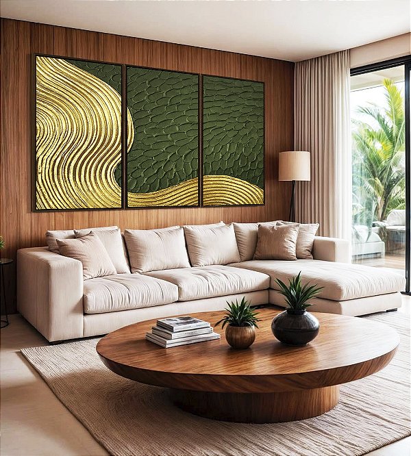 Trio de Quadros Abstrato Verde Floresta Dourado Ondas Textura Canvas Moldura