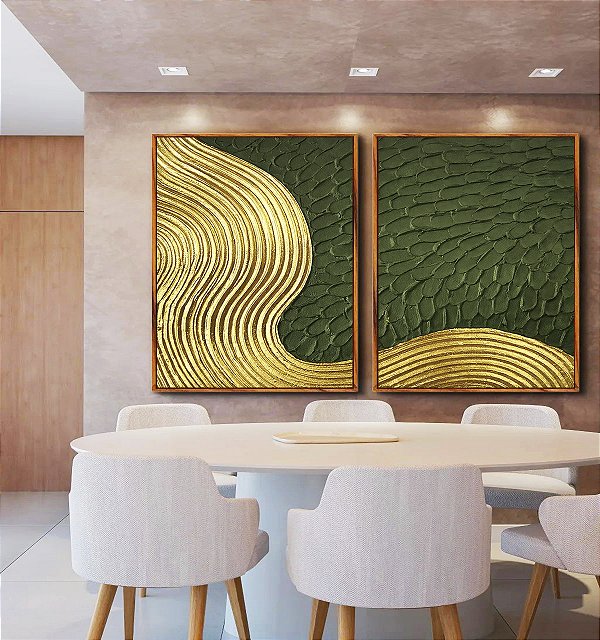 Duo de Quadros Abstrato Verde Floresta Dourado Ondas Textura Canvas Moldura